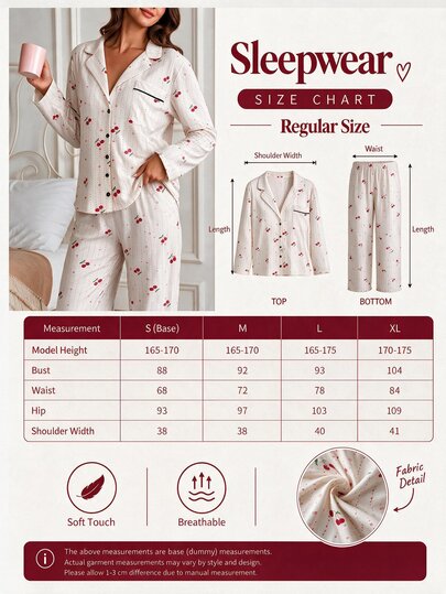 SHEIN Cottnline Kersen hart print contrast pijpknopen voorzijde shirt broek casual schattige pyjamaset slaap rood en wit gestreept herfst