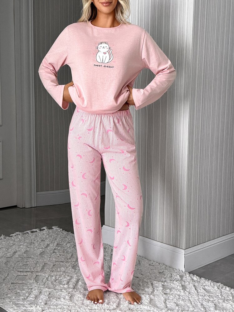 SHEIN Cotton Line Women Cat Print Pink Color Long Sleeve Top & High Waist Striped Comfy Pants 2 Pcs Pajama - Pink - View 5