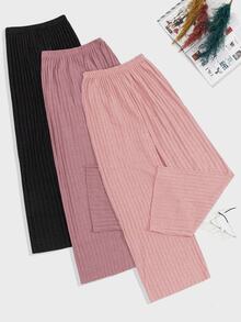 SHEIN PETITE SIZE 3 st långbyxor i ribbstickat flerfärgat material med falsk dragskordsdetalj, bekväma casual hemkläder - Multifärgad - Visa 2