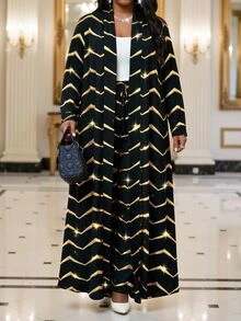 SHEIN Lady 大尺碼金屬質感長袖開襟衫與抽繩腰長褲兩件套，度假派對穿搭，黑金白配色，夏季星空優雅風 - 彩色 - 查看 4