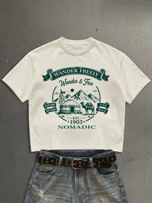 StoneGrade 美式復古海報時尚印花圖案男士杏色標準尺寸短版寬鬆短袖T恤 - 杏色 - 查看 1