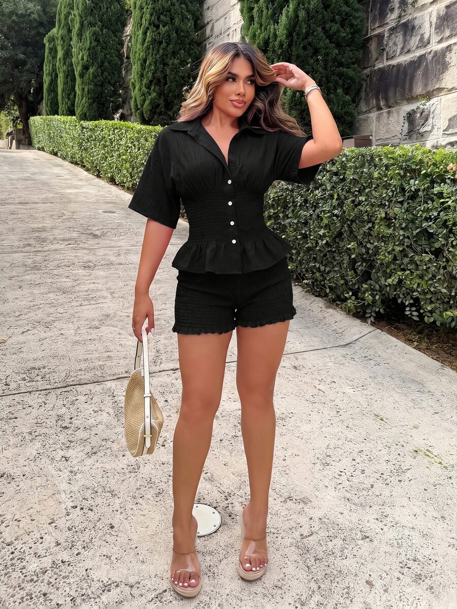 Maria Perezxox 夏季新款純色腰綁帶襯衫與短褲休閒性感兩件套，女性度假沙灘穿搭黑色 - 黑色 - 查看 1