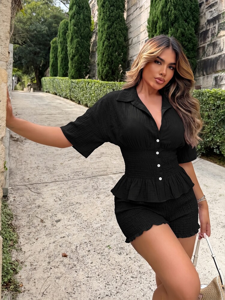 Maria Perezxox MainGRL Summer New Solid Color Waist Tie Shirt And Shorts Casual Sexy 2 Pieces Set,Vacation Outfits Women Beach Vacation Black - Black - View 4