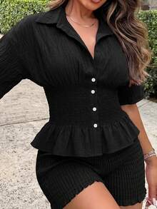 Maria Perezxox 夏季新款純色腰綁帶襯衫與短褲休閒性感兩件套，女性度假沙灘穿搭黑色 - 黑色 - 查看 3
