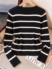 GlowEve CURVE New Women's Striped Colorblock Casual Relaxed Cable Knit Long Sleeve Pullover Sweater With Arm Button Detail - Multicolor - View 2