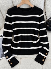 GlowEve CURVE New Women's Striped Colorblock Casual Relaxed Cable Knit Long Sleeve Pullover Sweater With Arm Button Detail - Multicolor - View 1