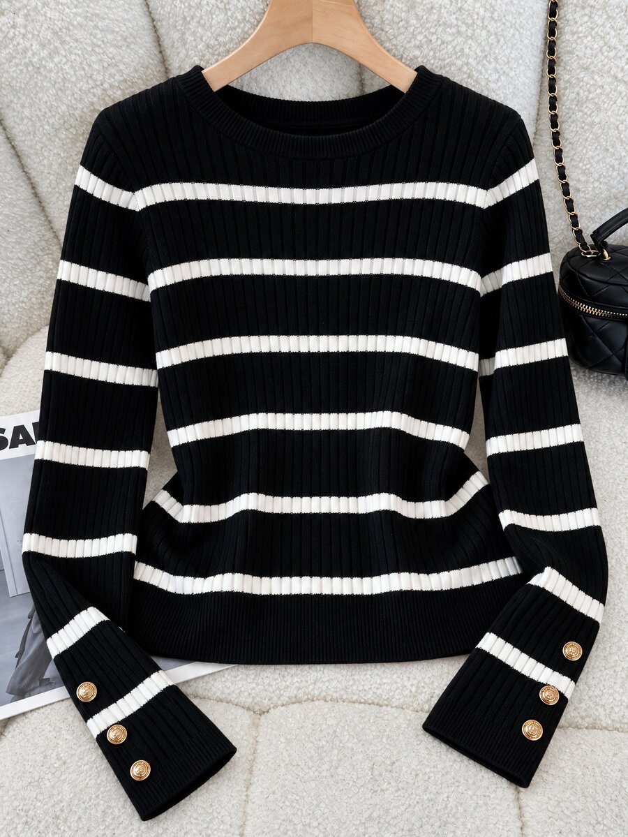 GlowEve CURVE New Women's Striped Colorblock Casual Relaxed Cable Knit Long Sleeve Pullover Sweater With Arm Button Detail - Multicolor - View 1