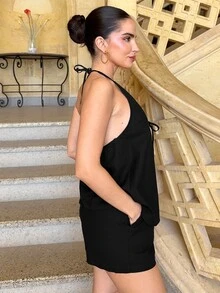 Marta Soriano 女款純色前綁帶掛脖上衣與短褲性感兩件套，休閒商務穿搭，海灘度假穿著 - 黑色 - 查看 4