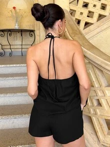 Marta Soriano 女款純色前綁帶掛脖上衣與短褲性感兩件套，休閒商務穿搭，海灘度假穿著 - 黑色 - 查看 2