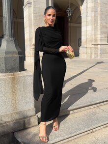 Marta Soriano 女士垂褶网纱拼接优雅长袖连衣裙 - 黑色 - 查看 4