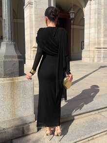 Marta Soriano 女士垂褶网纱拼接优雅长袖连衣裙 - 黑色 - 查看 2