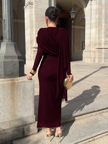 Marta Soriano 女士优雅荷叶边长袖修身连衣裙，秋季 - 紫色 - 查看 2