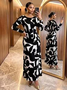 SHEIN Lady CURVE Plus Size Geometric Print Colorblock Long Sleeve Vacation Dress Fall - Black and White - View 1