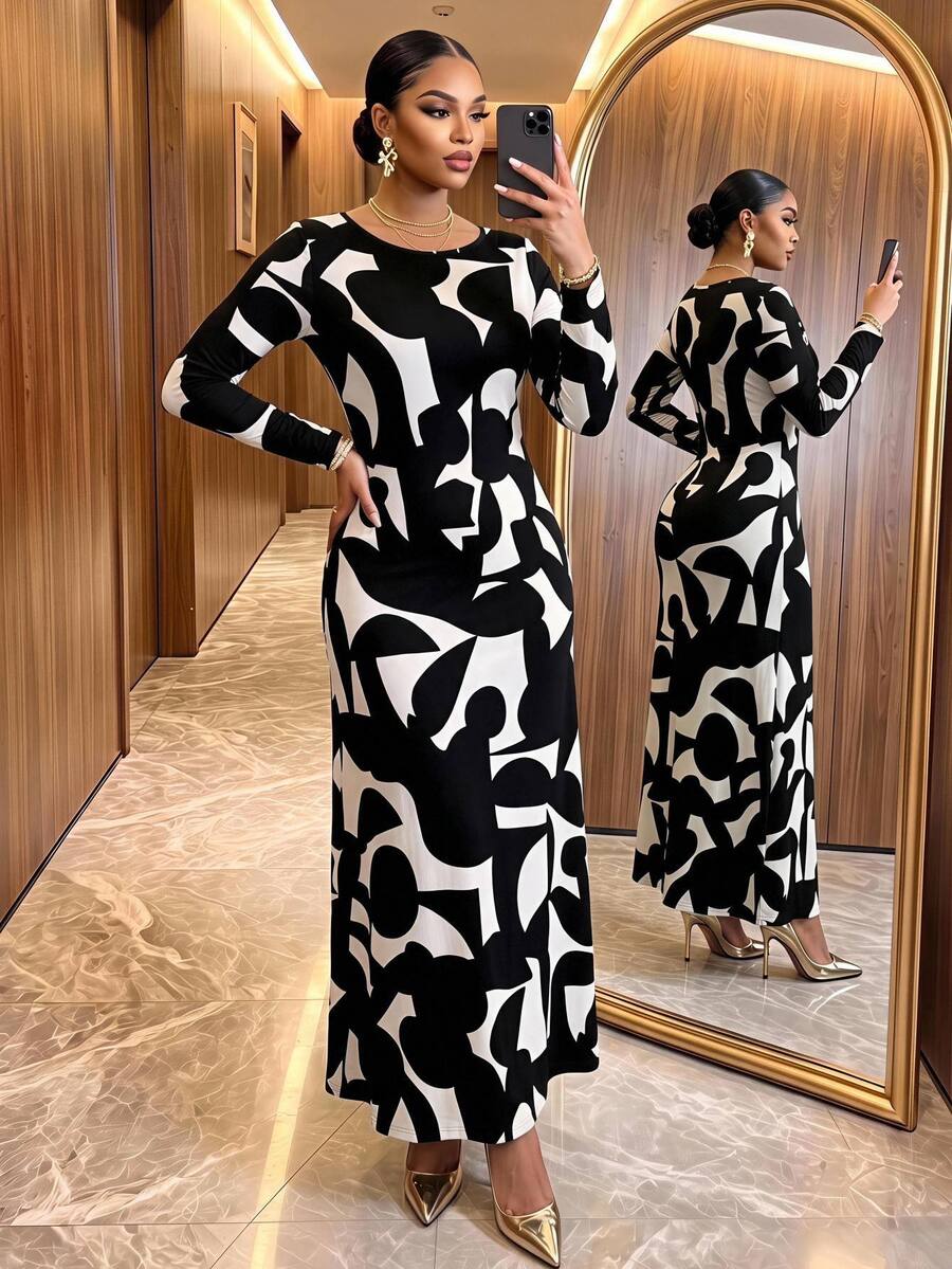 SHEIN Lady CURVE Plus Size Geometric Print Colorblock Long Sleeve Vacation Dress Fall - Black and White - View 1