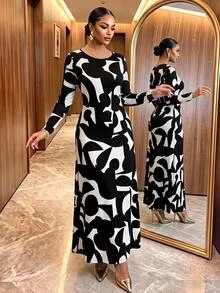 SHEIN Lady CURVE Plus Size Geometric Print Colorblock Long Sleeve Vacation Dress Fall - Black and White - View 4