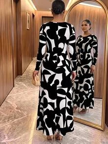 SHEIN Lady CURVE Plus Size Geometric Print Colorblock Long Sleeve Vacation Dress Fall - Black and White - View 2