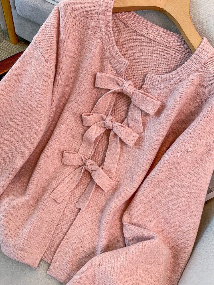 GlowEve CURVE Plus Size Women's Round Neck Pink Bow Fashion Versatile Autumn/Winter Knit Cardigan Sweater Jacket - Pink - View 5