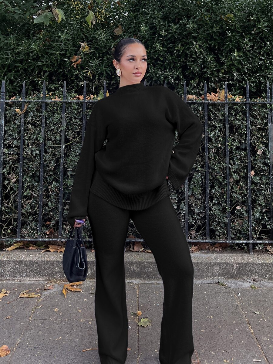 NegzBox 女士實色長袖毛衣和針織褲套裝 - 黑色 - 查看 1
