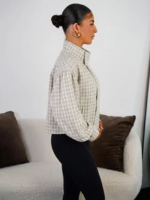 SAYEHFBABY 灰色格紋夾克女款，秋季休閒街頭風優雅外套，適合節慶度假與假日夜晚穿搭 - 彩色 - 查看 6