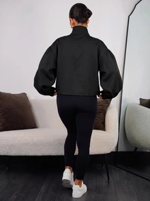 SAYEHFBABY 女款純色長袖前拉鍊休閒街頭風夾克外套，適合夜生活、度假、辦公室派對與工作穿著，黑色，秋季 - 黑色 - 查看 2