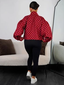SAYEHFBABY 紅色女款圓點印花前拉鍊立領夾克 - 紅色 - 查看 2