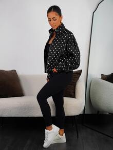 SAYEHFBABY Women's Polka Dot Pattern Zipper Long Sleeve Fashion Jacket - Black and White - View 4