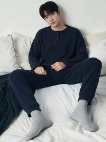 Autumn/Winter Teenboy Minimalist Royal Blue Fitted Long Sleeve & Long Pants Loungewear Set - Royal Blue - View 4