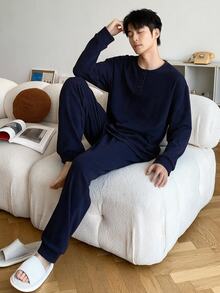 Autumn/Winter Teenboy Minimalist Royal Blue Fitted Long Sleeve & Long Pants Loungewear Set - Royal Blue - View 2