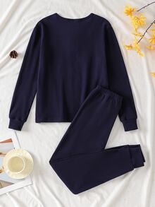 Autumn/Winter Teenboy Minimalist Royal Blue Fitted Long Sleeve & Long Pants Loungewear Set - Royal Blue - View 3