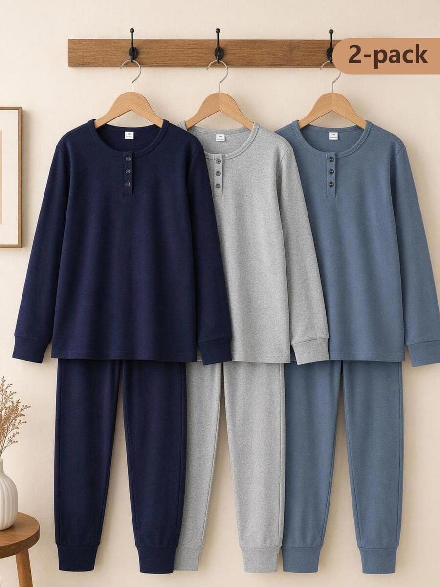 Autumn/Winter Teenboy Minimalist Royal Blue Fitted Long Sleeve & Long Pants Loungewear Set - Royal Blue - View 1