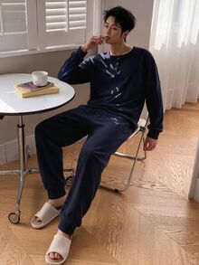 Autumn/Winter Teenboy Minimalist Royal Blue Fitted Long Sleeve & Long Pants Loungewear Set - Royal Blue - View 5