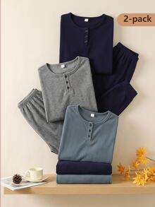 Autumn/Winter Teenboy Minimalist Royal Blue Fitted Long Sleeve & Long Pants Loungewear Set - Royal Blue - View 10
