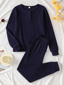 Autumn/Winter Teenboy Minimalist Royal Blue Fitted Long Sleeve & Long Pants Loungewear Set - Royal Blue - View 6