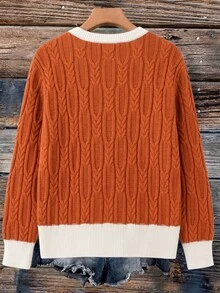 Linhara Brightening Orange Cable Knit Cable Rope Sweater Women Round Neck Pullover Knit Top - Orange - View 2