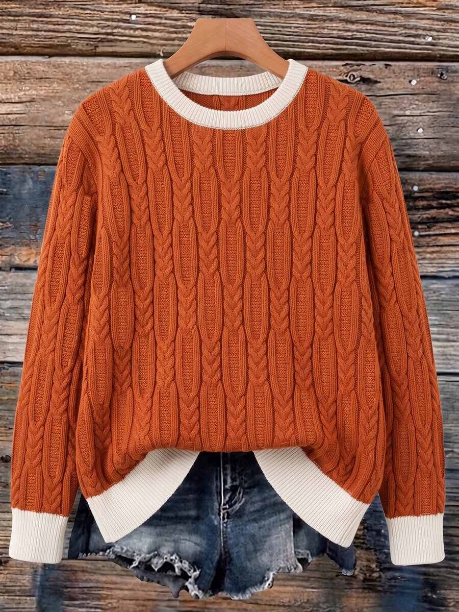 Linhara Brightening Orange Cable Knit Cable Rope Sweater Women Round Neck Pullover Knit Top - Orange - View 1