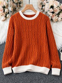 Linhara Brightening Orange Cable Knit Cable Rope Sweater Women Round Neck Pullover Knit Top - Orange - View 3