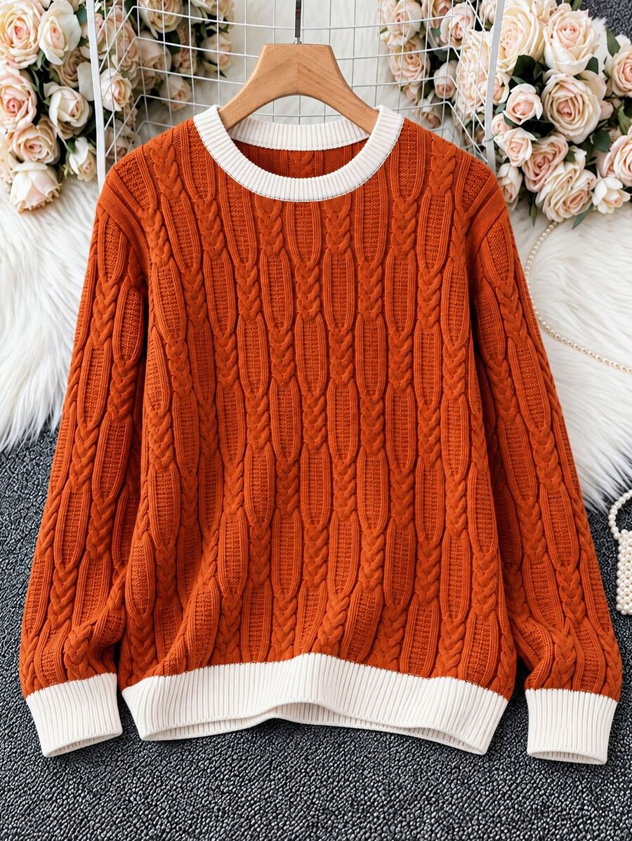 Linhara Brightening Orange Cable Knit Cable Rope Sweater Women Round Neck Pullover Knit Top - Orange - View 1