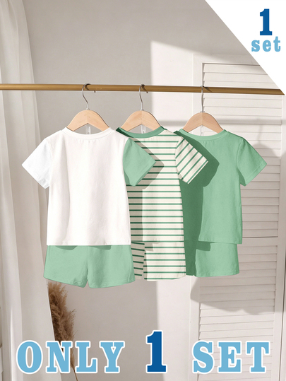 SHEIN 1 Set Acak, Warna Hijau Limau Blok Warna Kasual Modis Klasik untuk Bayi dan Balita, Set Kaos Lengan Pendek Leher Bulat