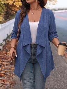 EMERY ROSE Plus Size Women Autumn/Winter Casual Vacation Minimalist Versatile Long Sleeve Solid Blue Jacket For Daily Wear, Lightweight, Fall, Cardigan, Coat - Dusty Blue - View 1