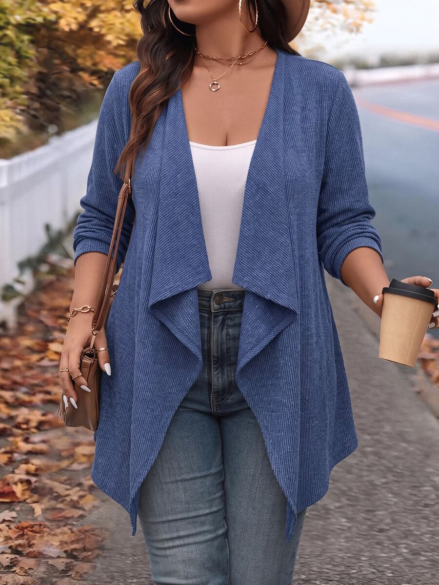 EMERY ROSE Plus Size Women Autumn/Winter Casual Vacation Minimalist Versatile Long Sleeve Solid Blue Jacket For Daily Wear, Lightweight, Fall, Cardigan, Coat - Dusty Blue - View 1
