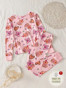 Autumn And Winter Girls Pink Simple Fashion Printed Bow Heart Long Sleeve Top Pants Comfortable Two Pieces Set Snug Fit Loungewear Home Sleep Cute - Baby Pink - View 3