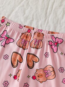 Autumn And Winter Girls Pink Simple Fashion Printed Bow Heart Long Sleeve Top Pants Comfortable Two Pieces Set Snug Fit Loungewear Home Sleep Cute - Baby Pink - View 7