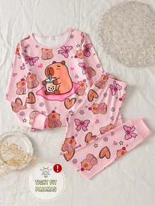 Autumn And Winter Girls Pink Simple Fashion Printed Bow Heart Long Sleeve Top Pants Comfortable Two Pieces Set Snug Fit Loungewear Home Sleep Cute - Baby Pink - View 2