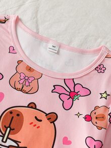 Autumn And Winter Girls Pink Simple Fashion Printed Bow Heart Long Sleeve Top Pants Comfortable Two Pieces Set Snug Fit Loungewear Home Sleep Cute - Baby Pink - View 5