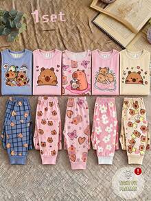 Autumn And Winter Girls Pink Simple Fashion Printed Bow Heart Long Sleeve Top Pants Comfortable Two Pieces Set Snug Fit Loungewear Home Sleep Cute - Baby Pink - View 1