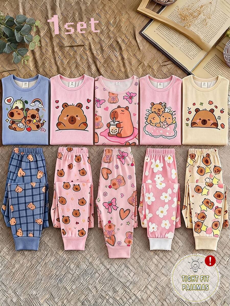 Autumn And Winter Girls Pink Simple Fashion Printed Bow Heart Long Sleeve Top Pants Comfortable Two Pieces Set Snug Fit Loungewear Home Sleep Cute - Baby Pink - View 1