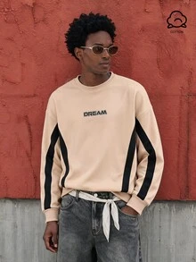 Lonveris Men's Colorblock Sweatshirt, Pure Cotton, Minimalist Letter Design - Apricot - View 7