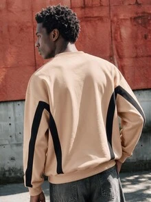 Lonveris Men's Colorblock Sweatshirt, Pure Cotton, Minimalist Letter Design - Apricot - View 6
