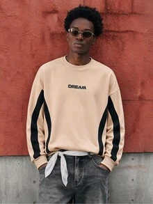 Lonveris Men's Colorblock Sweatshirt, Pure Cotton, Minimalist Letter Design - Apricot - View 1