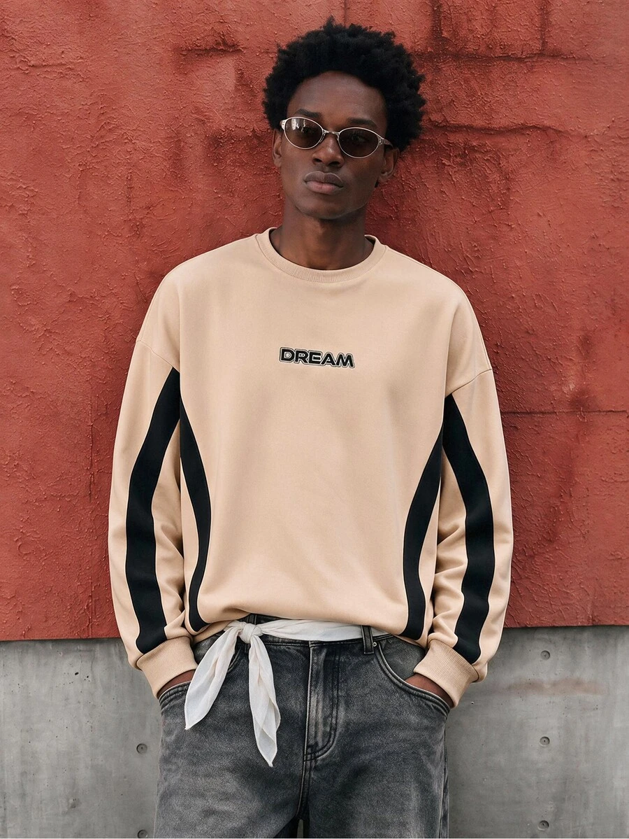 Lonveris Men's Colorblock Sweatshirt, Pure Cotton, Minimalist Letter Design - Apricot - View 1